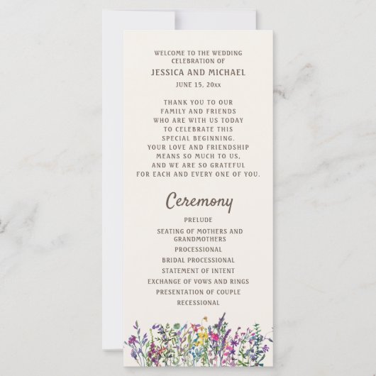 Programme de mariage Fleur sauvage d'aquarelle (Devant)