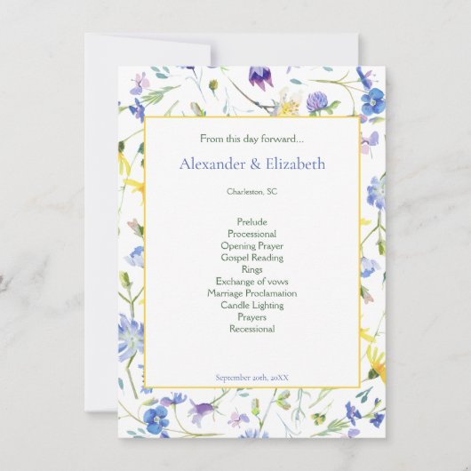 Programme de mariage Fleur sauvage d'aquarelle (Devant)