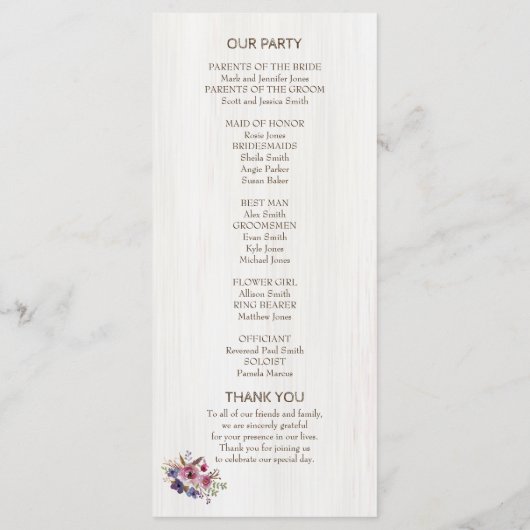 Programme de mariage Fleur sur Tronc d'Arbre (Dos)