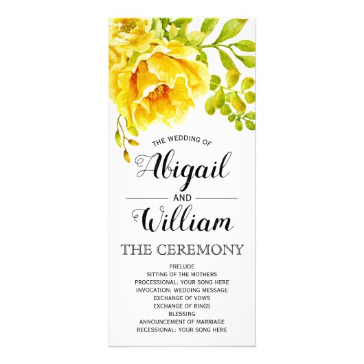 Programme de mariage fleuri à l'aquarelle jaune (Devant)