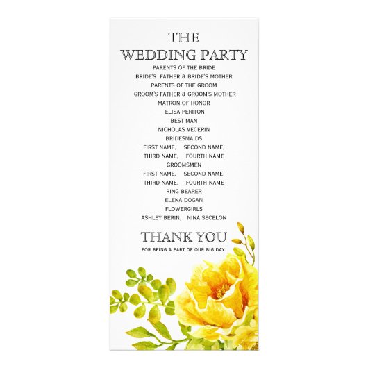 Programme de mariage fleuri à l'aquarelle jaune (Dos)