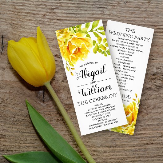 Programme de mariage fleuri à l'aquarelle jaune