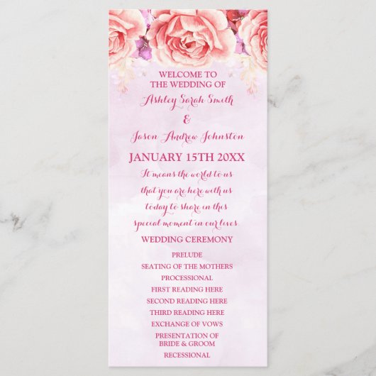 Programme de mariage Fleurs aquarelles rose lavand (Devant)