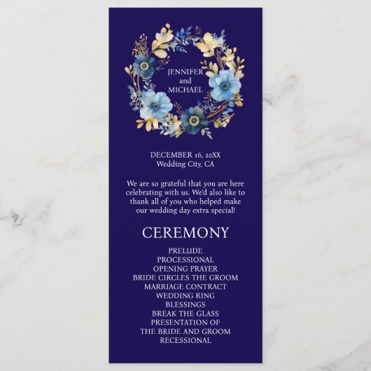 Programme de mariage Fleurs Bleu Nuit et Or (Devant)