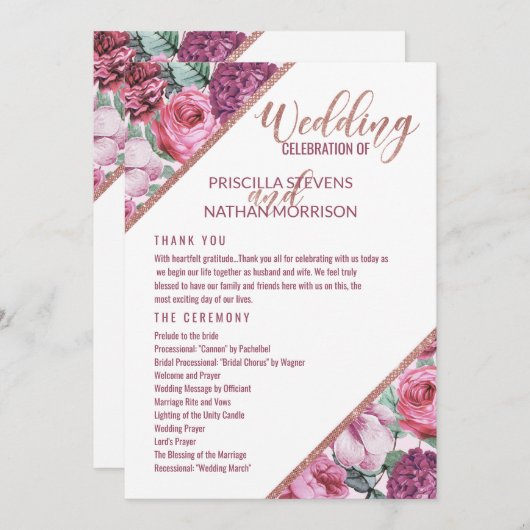Programme de mariage Fleurs roses violettes or ros (Devant / Derrière)