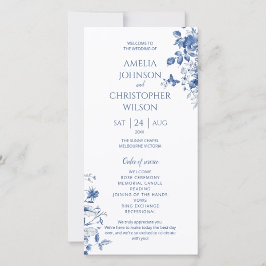 Programme de mariage Fleurs vintages bleues (Devant)