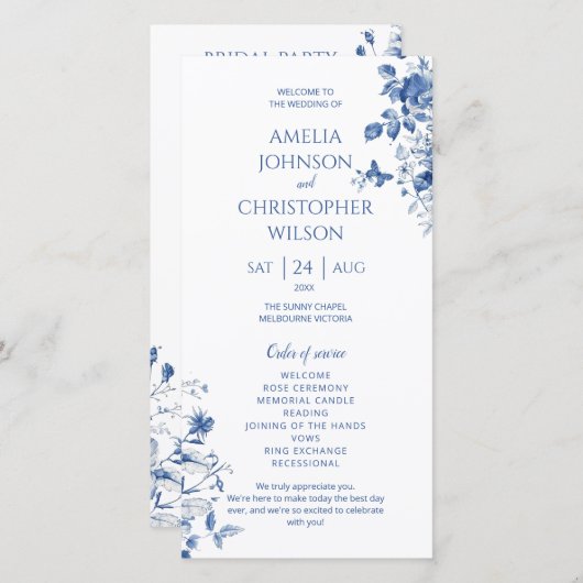 Programme de mariage Fleurs vintages bleues (Devant / Derrière)