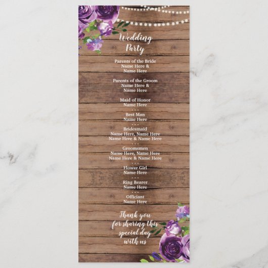 Programme de mariage Fleurs Violettes Bois Floral (Dos)