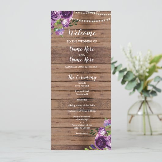 Programme de mariage Fleurs Violettes Bois Floral (Debout devant)