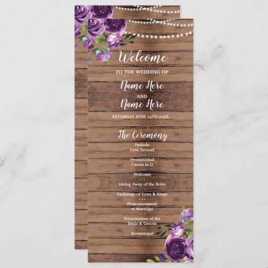 Programme de mariage Fleurs Violettes Bois Floral (Devant / Derrière)