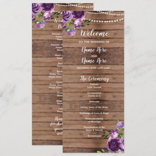 Programme de mariage Fleurs Violettes Bois Rustiqu (Devant / Derrière)