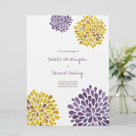 Programme de mariage Fleurs violettes jaunes (Debout devant)