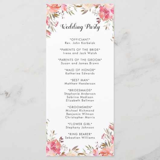 Programme de mariage floral à la floraison rose ro (Dos)