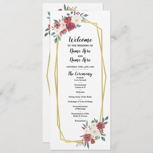 Programme de mariage floral à l'aquarelle Menu crè (Devant / Derrière)