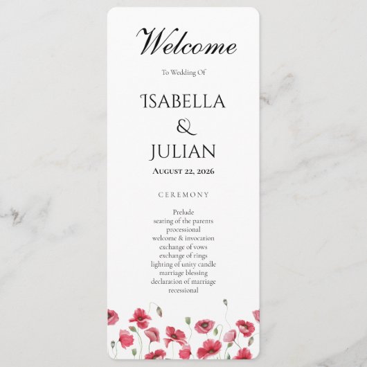 Programme de mariage floral à l'aquarelle Poppys e (Devant)