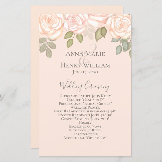 Programme de mariage floral à l'aquarelle rose pâl (Devant / Derrière)