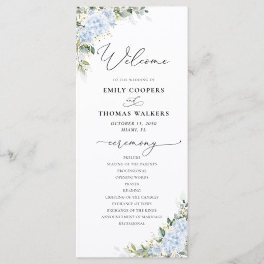 Programme de mariage floral à l'hortensia bleu (Devant)