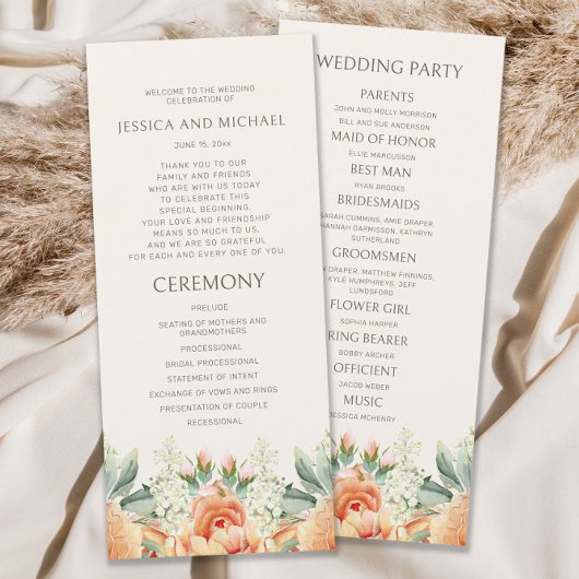Programme de mariage floral aquarelle crème pêche