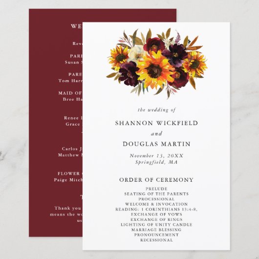 Programme de mariage floral automnal tournesol rus (Devant / Derrière)