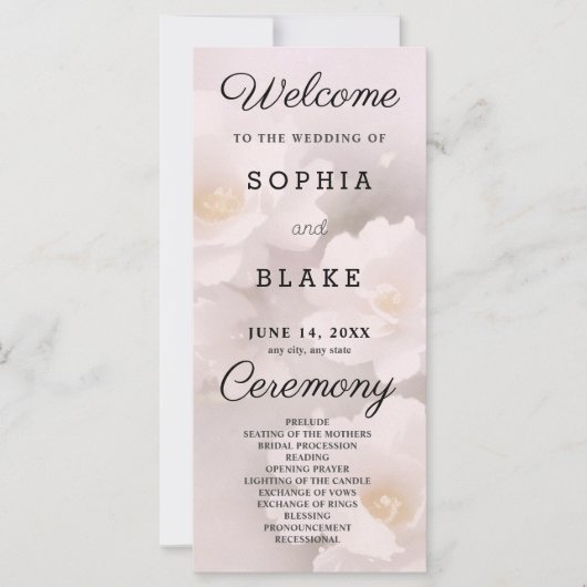 Programme de mariage floral blanc et rose pâle (Devant)