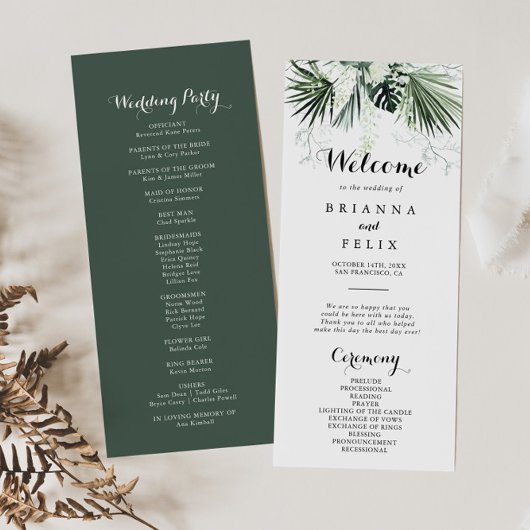 Programme de mariage floral blanc vert tropical