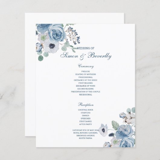 Programme de mariage floral bleu (Devant / Derrière)