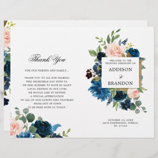 Programme de mariage floral bleu bleu bleu rose (Devant / Derrière)