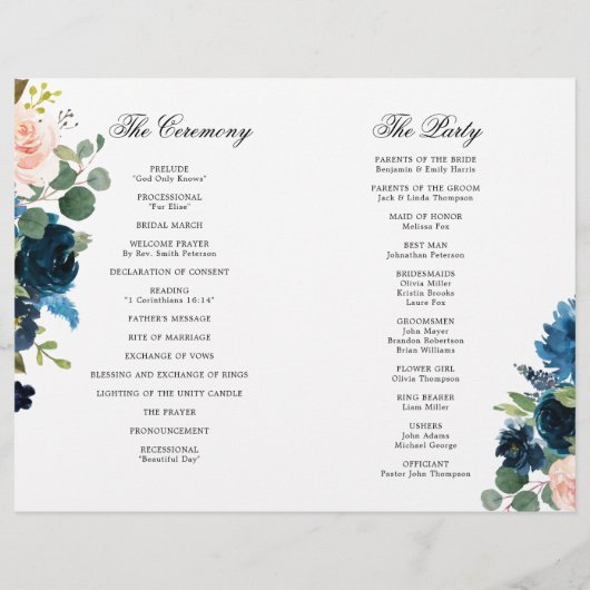 Programme de mariage floral bleu bleu bleu rose (Dos)