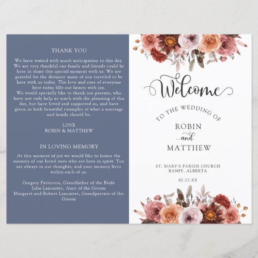 Programme de mariage floral bleu, bordeaux et bleu (Devant)