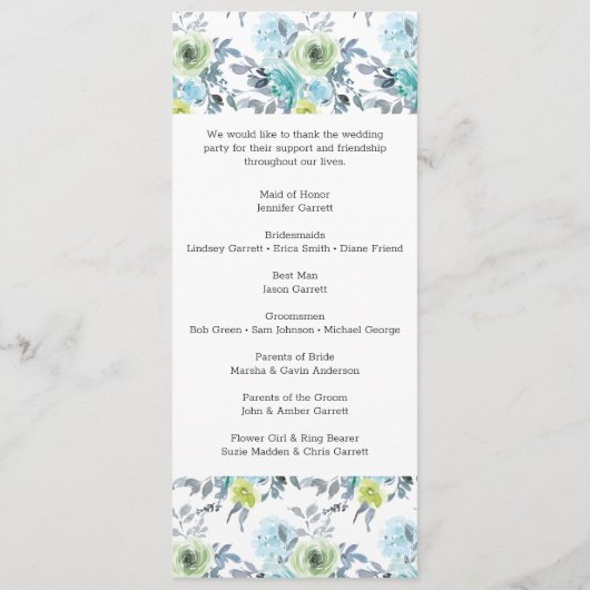 Programme de mariage floral bleu clair jaune vert (Dos)
