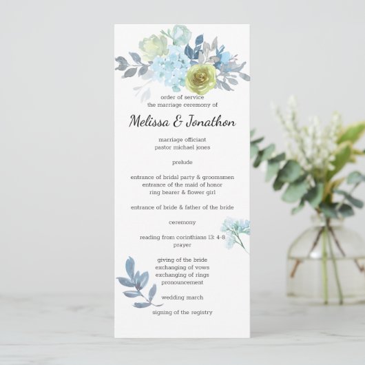 Programme de mariage floral bleu clair jaune vert (Debout devant)