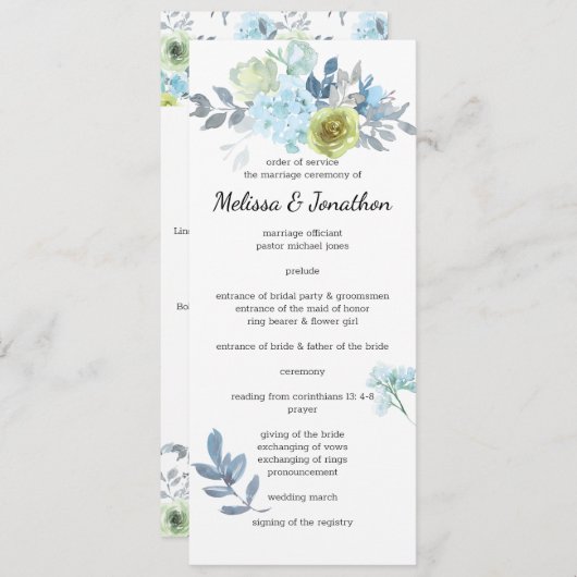 Programme de mariage floral bleu clair jaune vert (Devant / Derrière)