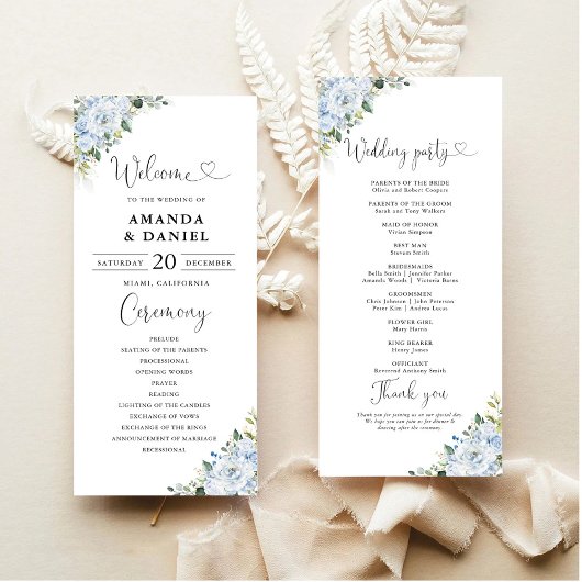 Programme de mariage floral bleu clair romantique