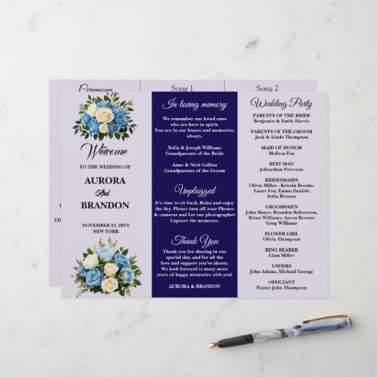 Programme de mariage floral bleu et blanc personna (Devant/Arrière en situation)