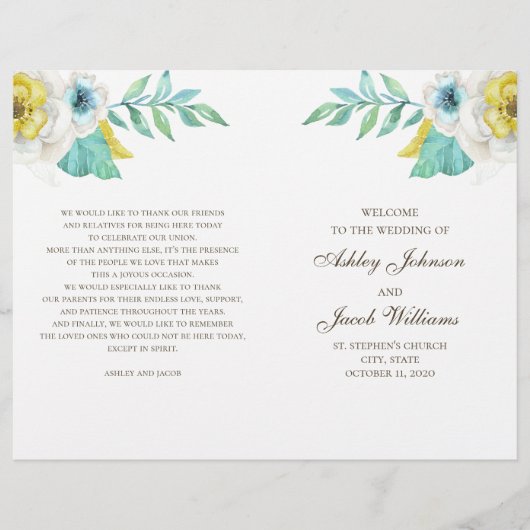 Programme de mariage floral bleu et jaune plié (Devant)