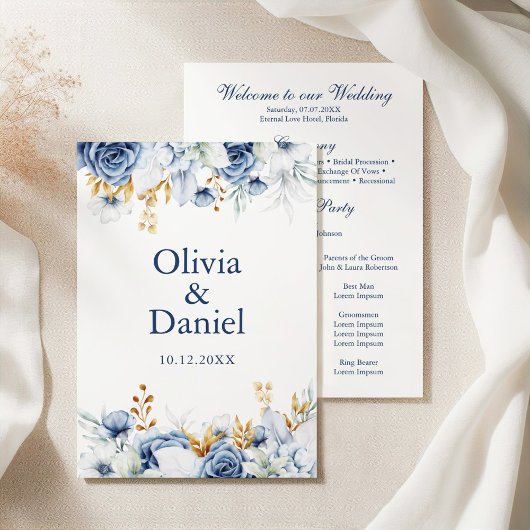 Programme de mariage floral bleu et or moderne