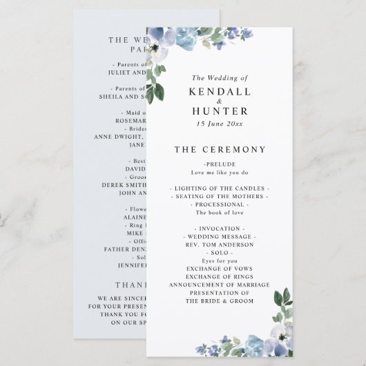 programme de mariage floral bleu et vert (Devant / Derrière)