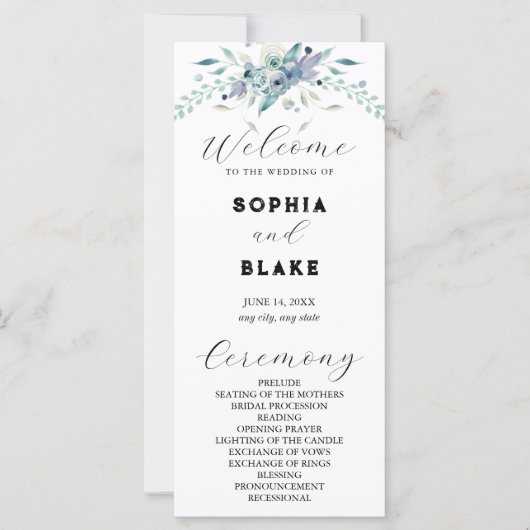 Programme de mariage floral bleu et vert élégant (Devant)