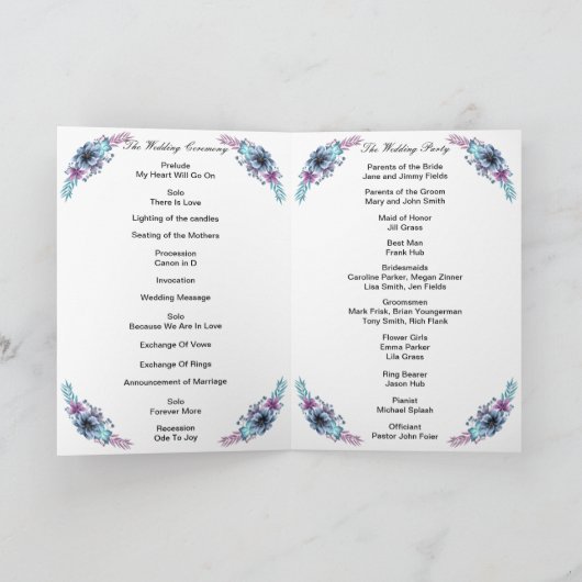 Programme de mariage floral bleu et violet (Intérieur)