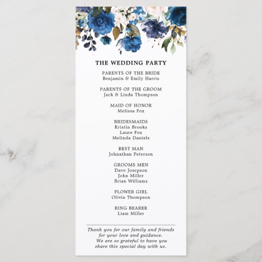 Programme de mariage floral bleu marine (Dos)