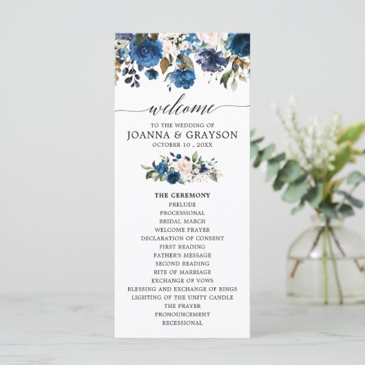 Programme de mariage floral bleu marine (Debout devant)