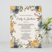 Programme de mariage floral bleu marine jaune (Debout devant)