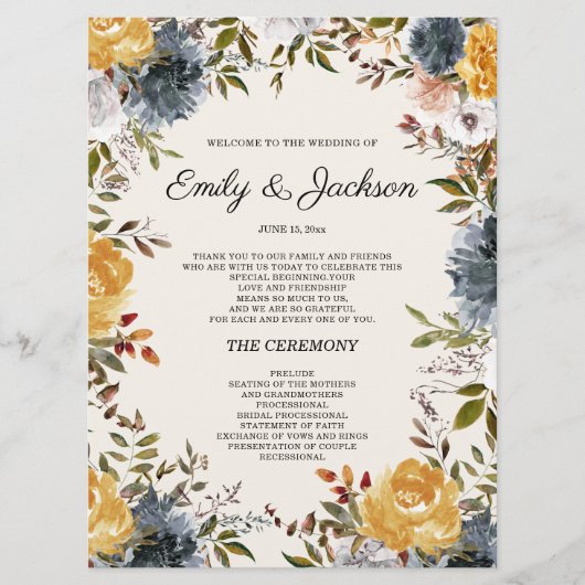 Programme de mariage floral bleu marine jaune (Devant)