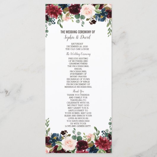 Programme de mariage floral bleu marine Merlot élé (Devant)