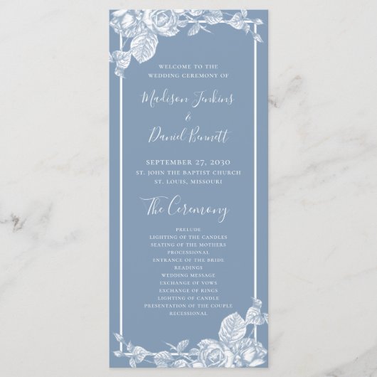 Programme de mariage floral bleu poussiéreux (Devant)