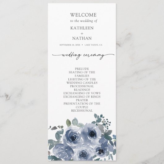 Programme de mariage floral bleu poussiéreux (Devant)