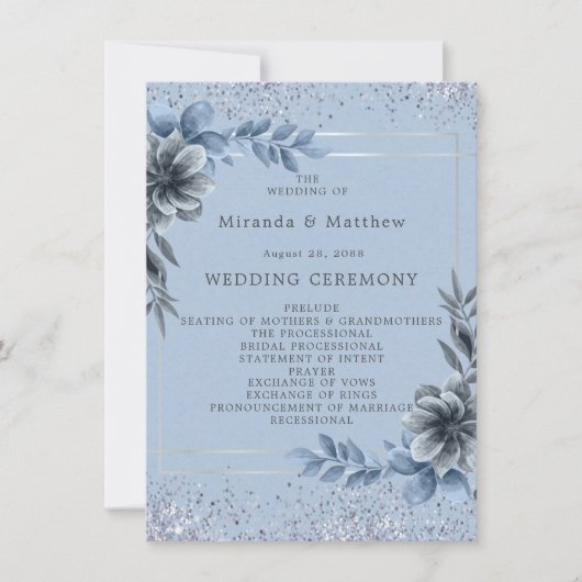 Programme de mariage floral bleu poussiéreux argen (Devant)