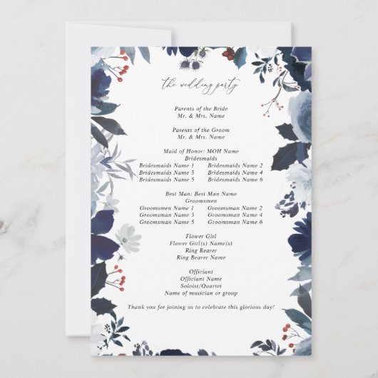 Programme de mariage floral Blue & Navy (Dos)