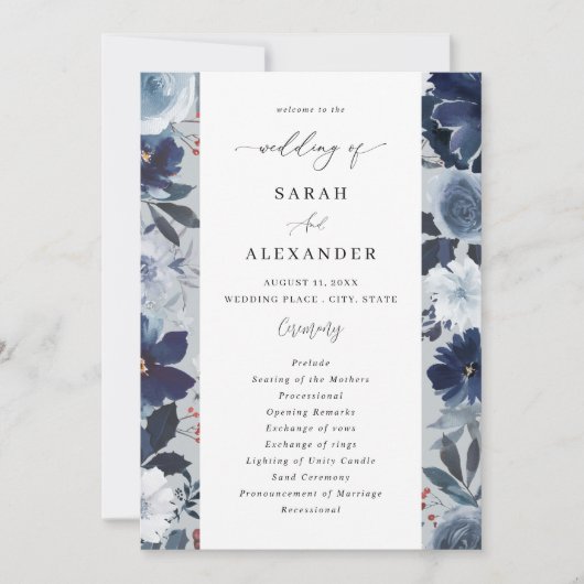 Programme de mariage floral Blue & Navy - Blue Gre (Devant)