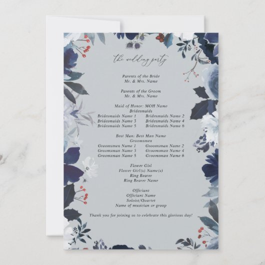Programme de mariage floral Blue & Navy - Blue Gre (Dos)